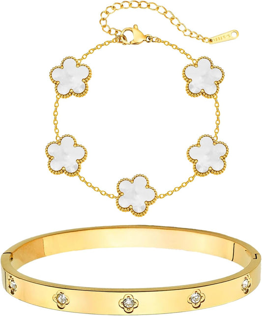 Double Lucky Bracelet 18K Gold Plated Stackable Gold Bracelets for Women Clover Bracelet Love Bangle Set Bracelets Jewelry Gifts Trendy for Women