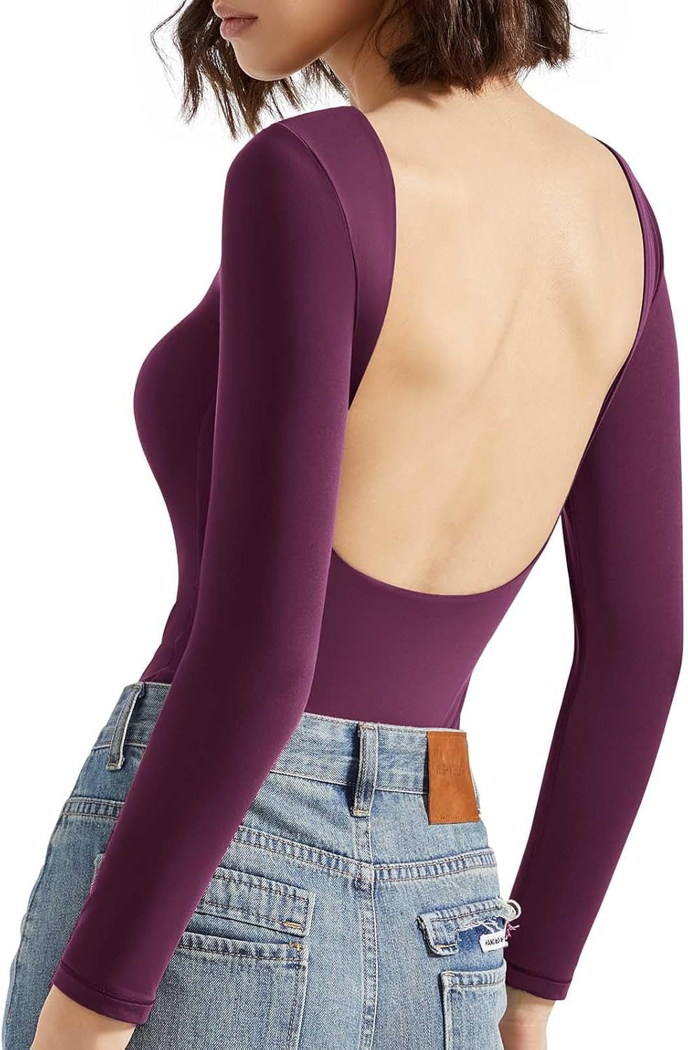 SUUKSESS Women Backless Y2K Long Sleeve Bodysuit Double Lined Open Back Sexy Basic Top