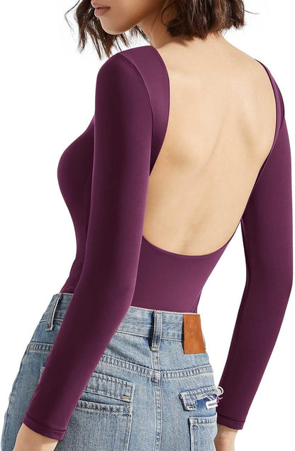 SUUKSESS Women Backless Y2K Long Sleeve Bodysuit Double Lined Open Back Sexy Basic Top