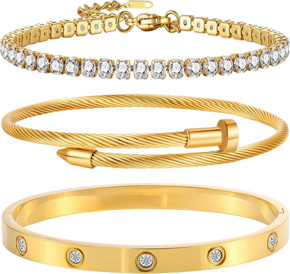 Gold Bracelets for Women- 18K Gold Plated Stainless Steel Love Bangle, Nail & Tennis Bracelets Stack Set for Women with Gift Box |Accessories Designer Jewelry