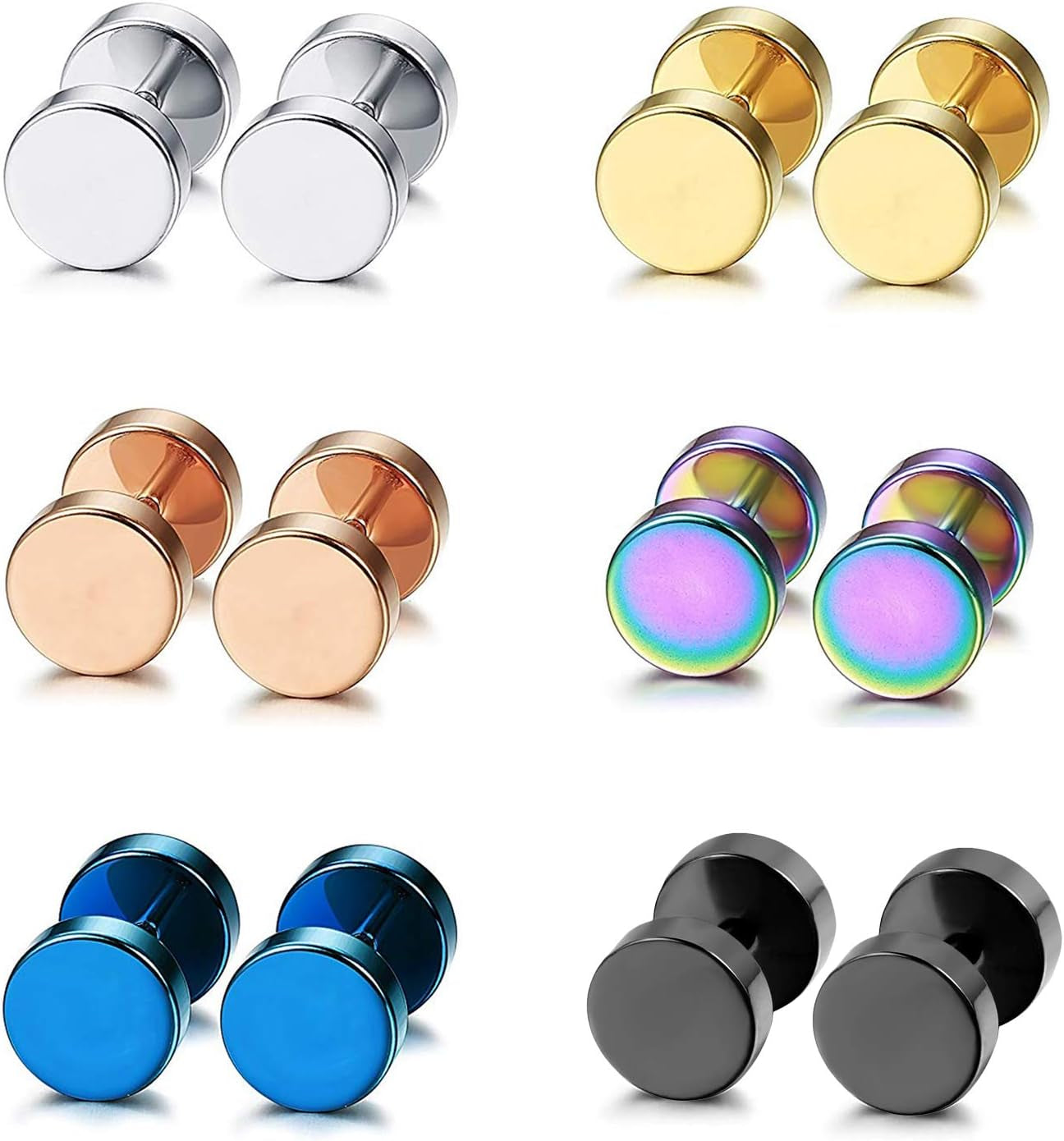 Aroncent 6 Pairs 4-14Mm Black Earrings for Men Women Fake Gauges Fake Earrings Stainless Steel Earrings Set