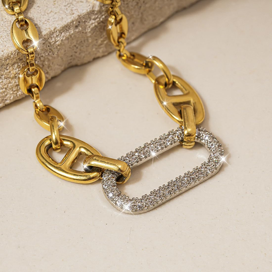 18K Gold Bracelets for Women, Adjustable Waterproof Non-Tarnish Titanium Chain with Pavé AAA+ CZ Accent, Dainty Gold Plated Paperclip Bracelet Jewelry Christmas Gifts