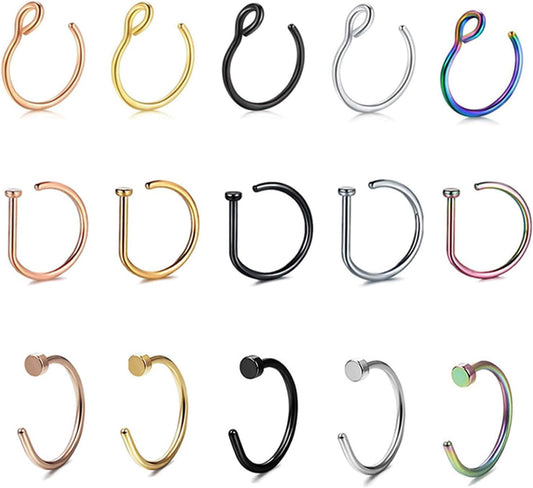 30Pcs 18G Hypoallergenic 316L Stainless Steel Fake Nose Hoop Rings for Women Fake Piercing Jewelry Hoop for Faux Lip Septum Colorful Nose Ring,8Mm/10Mm, Christmas,Birthday,Party,Wedding Jewelry