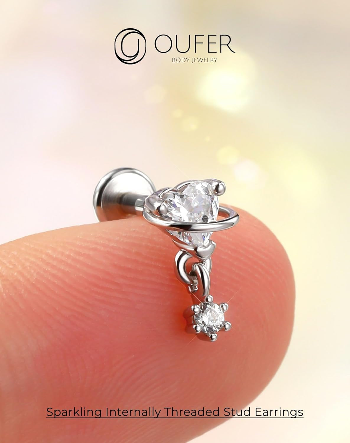 OUFER Heart Planet Helix Piercing Jewelry, 16G Internally Threaded Flat Back Piercings Silver Helix Cartilage Tragus Conch Piercing Jewelry for Women Men-6Mm