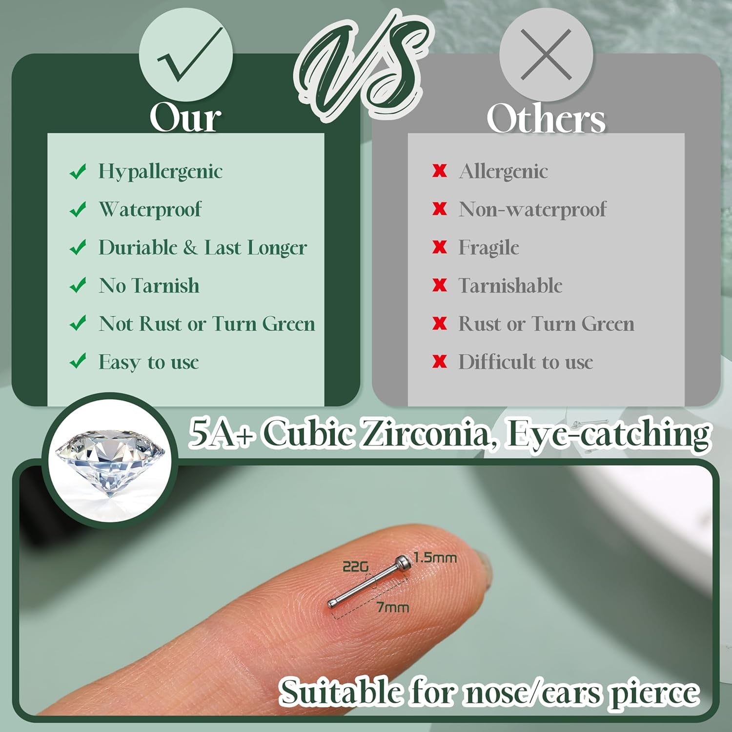 Jstyle 60Pcs Hypoallergenic Stainless Steel Nose Studs for Women Men Sparkly CZ Small 22G Nose Studs Rings Piercing Body Jewelry 1.5Mm 2Mm 2.5Mm