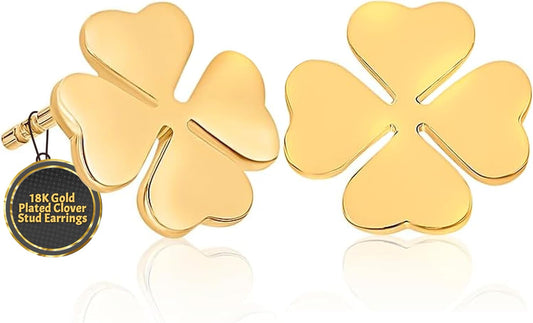 Clover Stud Earrings 18K Gold Plated I Hypoallergenic Earrings I Four Leaf Clover Flower Earrings I St Patricks Day Irish Four Leaf Clover Jewelry I Trendy Floral Stud Earrings I Lucky Jewelry Gift for Women