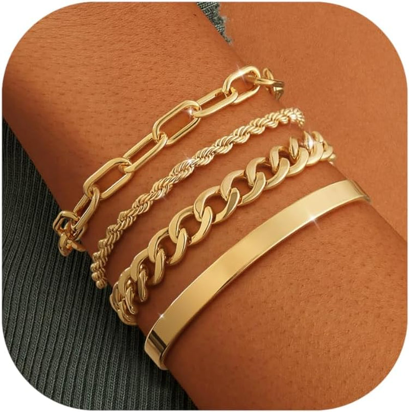 KOHOTA Chunky Gold Bracelets for Women Non Tarnish 14K Gold Plated Cuff Bracelet Stack Trendy Love Bangle Bracelets Stackable Tennis Bracelet Set Tie Knot Cuban Paperclip Figaro Chain Jewelry Gifts
