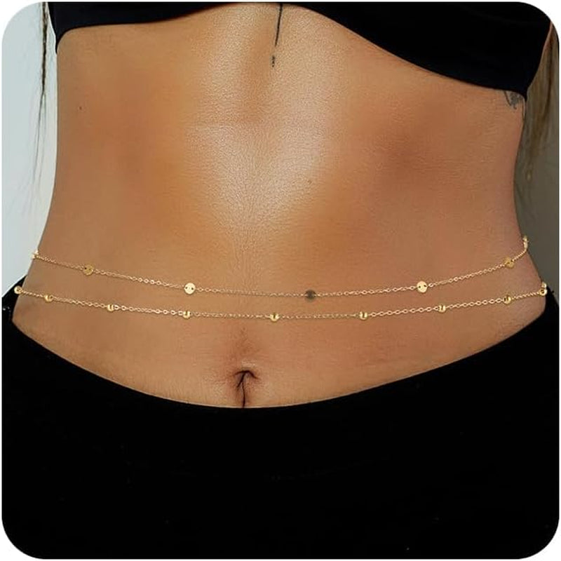 1PCS/2PCS Gold Waist Chain for Women - Adjustable Belly Chain Jewelry Accessories for Sexy Bikini, Waterproof Layered Summer Body Belt Chains for Beach, Party, 26.7"+9.8" Extender