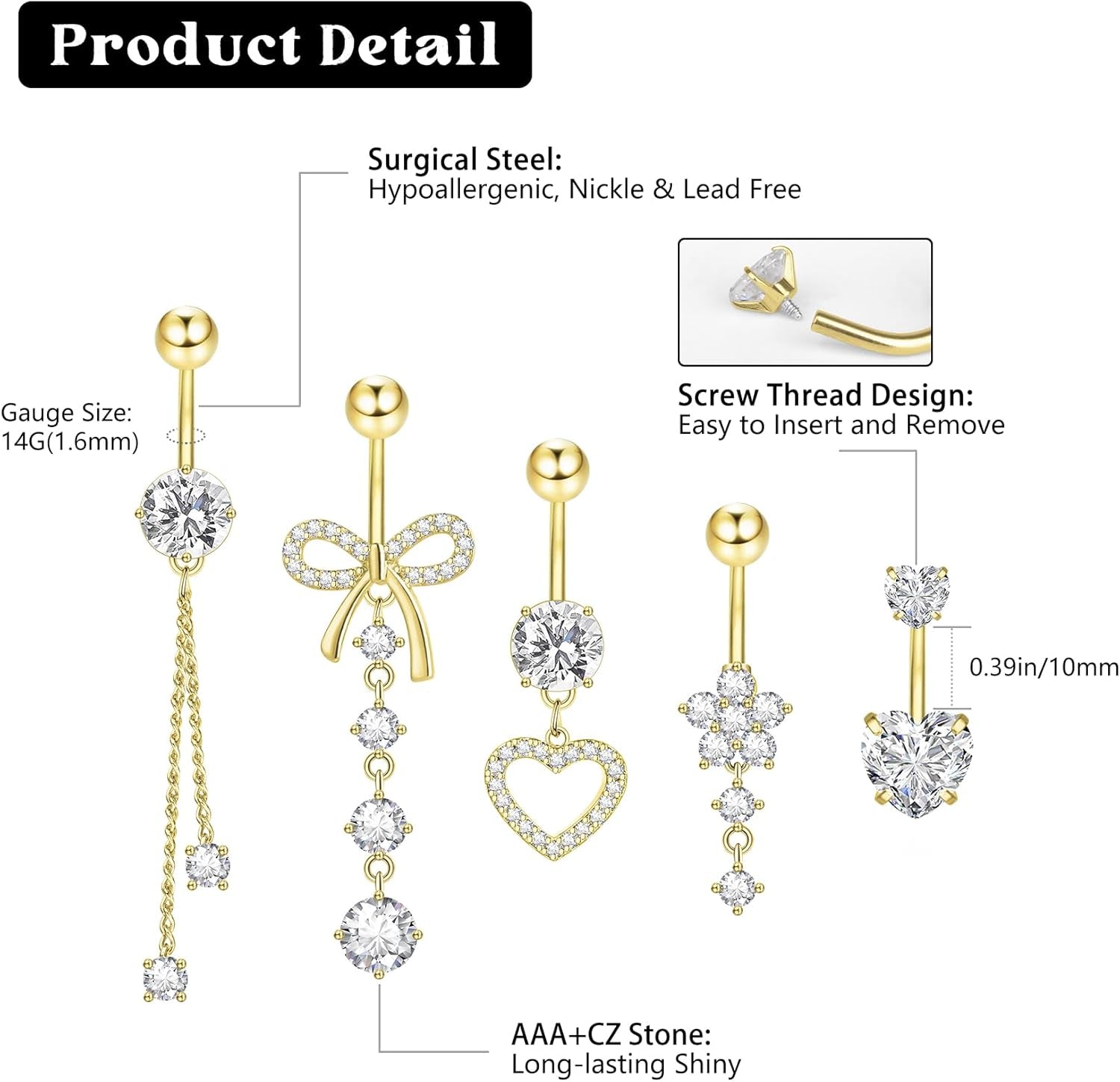 14G Clicker Belly Button Ring, Dangle Belly Button Rings, Surgical Stainless Steel CZ Cute Navel Body Piercing Jewelry for Women, Gold/Silver/Pink