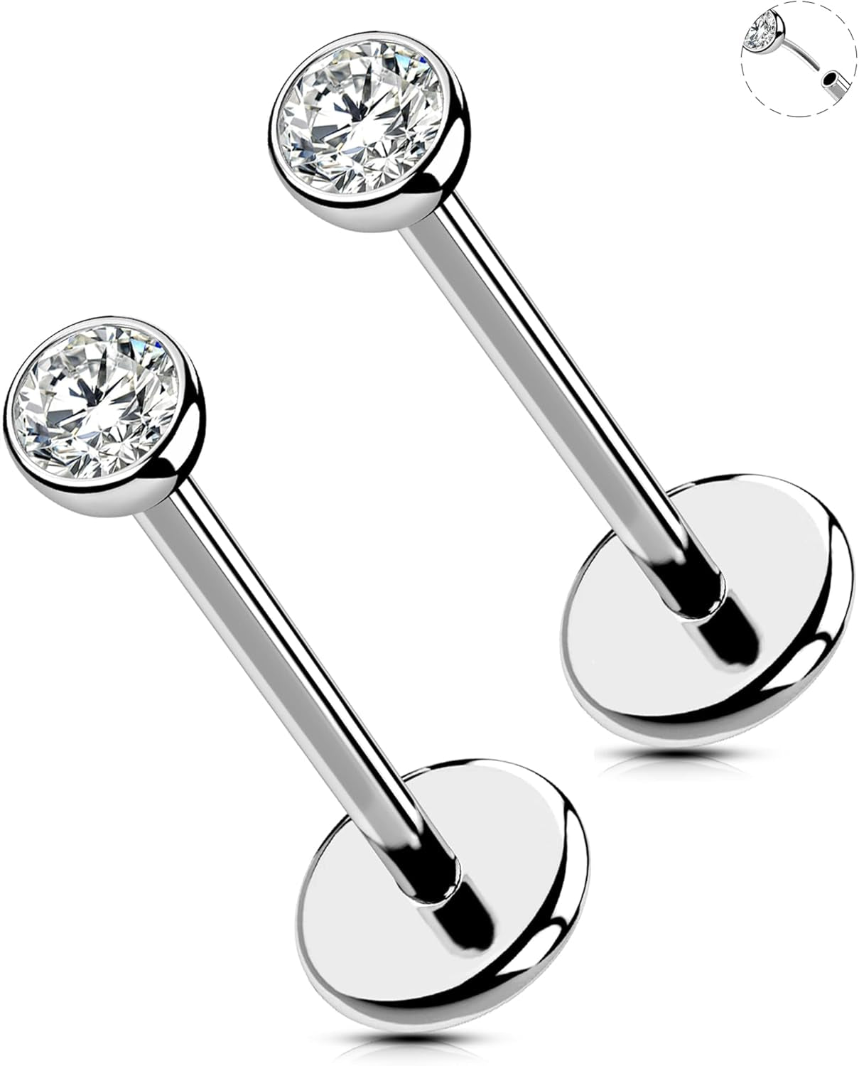 OUFER 2Pcs 20G/18G/16G G23 Titanium Threadless Nose Stud Earrings Flat Back Tiny CZ Small Nose Helix Cartilage Tragus Conch Labret Medusa Monroe Piercing Jewelry for Women Men