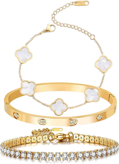 18K Gold Plated Tennis Bracelet Love Bangle Set for Women Stack Bracelets Stainless Steel Bangle Set for Love Trendy Jewelry Gifts for Women