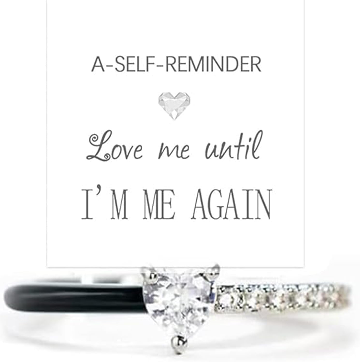 Love Me until I'M Me Again Black Heart-Cut Half Enamel Ring, S925 Sterling Silver Heart Rings Self-Love Ring Gift, Heart Rings Birthday Gifts for Women, Daughter, Wife, Friends