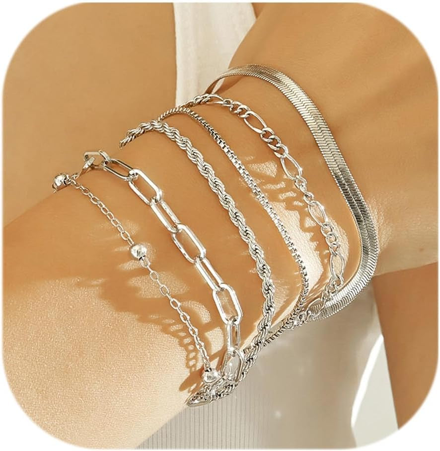 Wgoud Waterproof Gold Bracelets for Women Trendy, Dainty 14K Real Gold Plated Fashion Stackable Bracelet Sets for Women Thin Cuban Link Paperclip Chain Bracelets Layered Gold Jewelry Sets Gifts for Womens