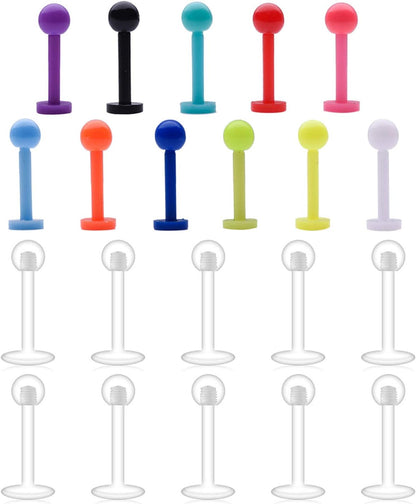 D.Bella Clear Cartilage Earring-16Pcs 16G Clear Acrylic Bioflex Tragus Retainer Lip Rings Nose Studs Labret Ear Helix Earring Clear 6Mm/8Mm/10Mm/12Mm