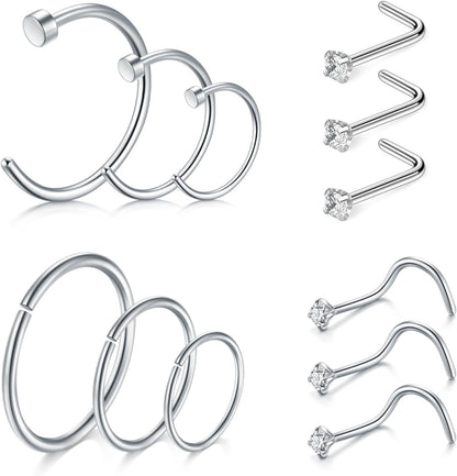D.Bella Nose Rings 10Pcs 18G Nose Screw Rings Studs Surgical Steel Piercing Jewelry 2Mm Clear CZ Silver