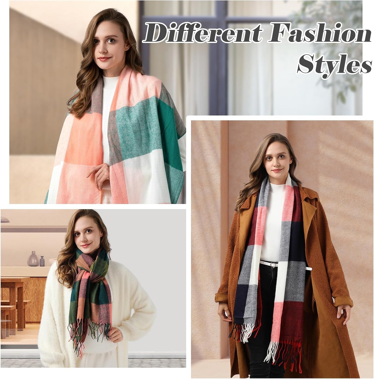 Fauson Winter Scarf for Women, Winter Warm Women'S Scarves, Soft Blanket Scarf Classic Tassel Plaid