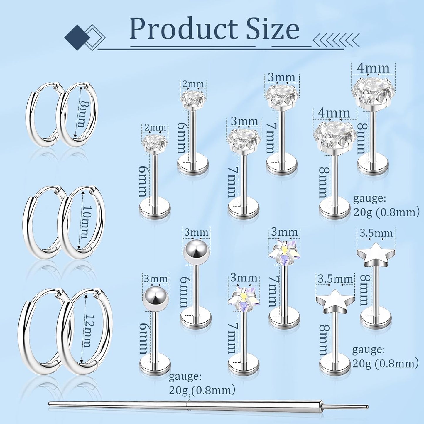 Flat Back Stud Earrings Cartilage Earrings for Women Men Hypoallergenic Threadless Flat Back Earring Surgical Steel Earring Tragus Helix Labret Lip Medusa Conch Body Piercing Jewelry