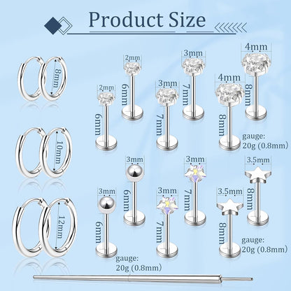 Flat Back Stud Earrings Cartilage Earrings for Women Men Hypoallergenic Threadless Flat Back Earring Surgical Steel Earring Tragus Helix Labret Lip Medusa Conch Body Piercing Jewelry