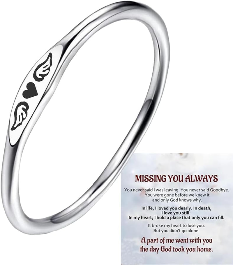 LIU JUN for Memorial - Tiny Heart with Wings Ring, Missing You Always I'Ll Hold You in My Heart Rings Lost Loved One Loss Miscarriage Memorial Jewelry Gift