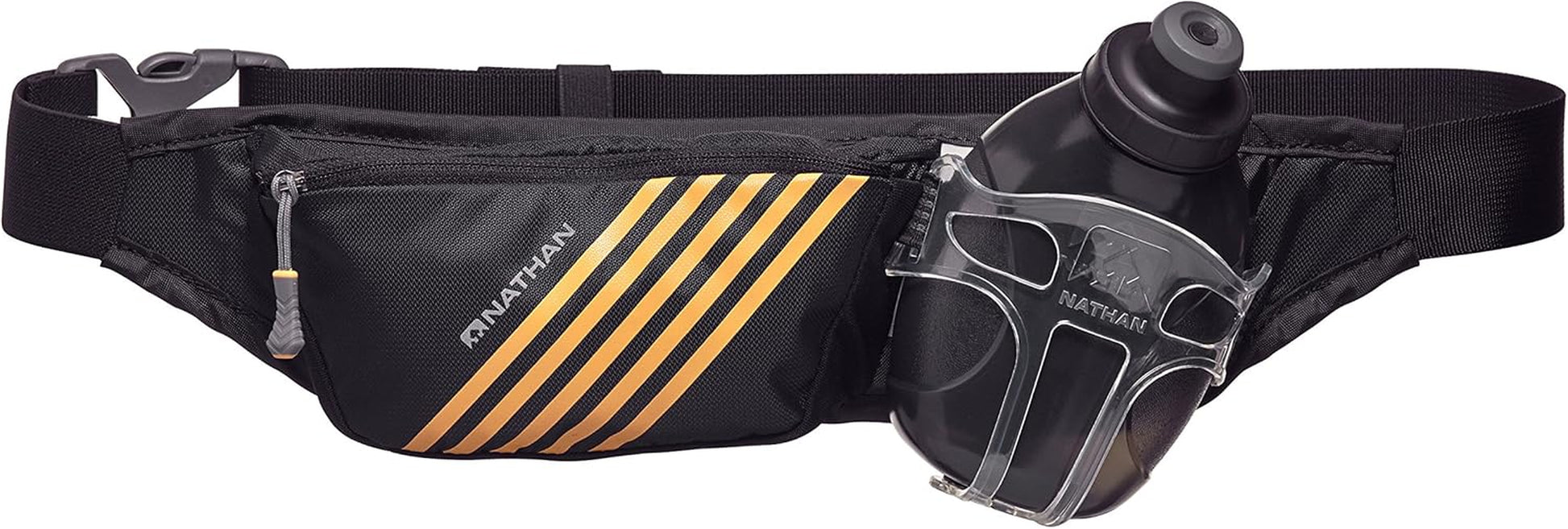Runner wearing Nathan Swift Plus hydration belt with integrated water flask during outdoor run