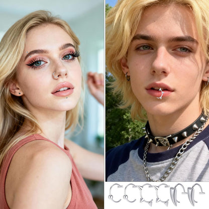 12 Pcs Wolf Teeth Ring Vampire Teeth Ring Stainless Steel Fake Lip Rings Non-Piercing Fake Ear Cuff Lip Cuff Septum Nose Rings for Halloween Accessories (Silver)