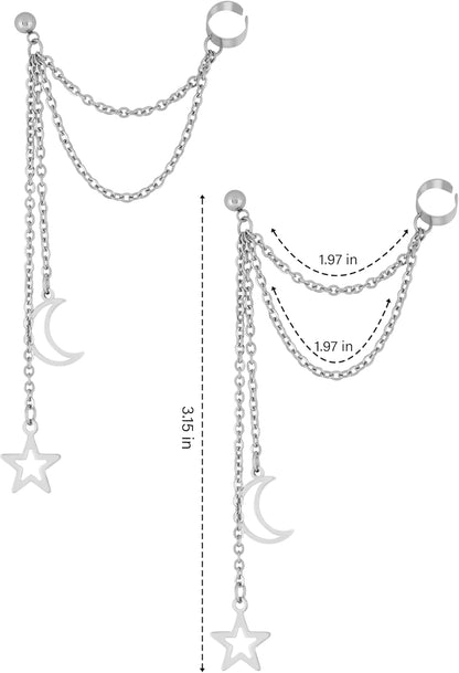 Sacina Goth Punk Silver-Tone-Tone Moon and Star Earrings, Ear Cuff Gothic Punk Earrings, Emo Christmas Jewelry Gifts for Women