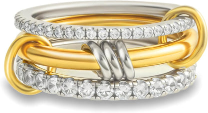 18K Gold Plated Stackable Rings for Women with Gift Box – Silver & Gold Multi-Link Connected Bands Set,Cubic Zirconia Mixed Metals Rings, Tarnish-Resistant Jewelry