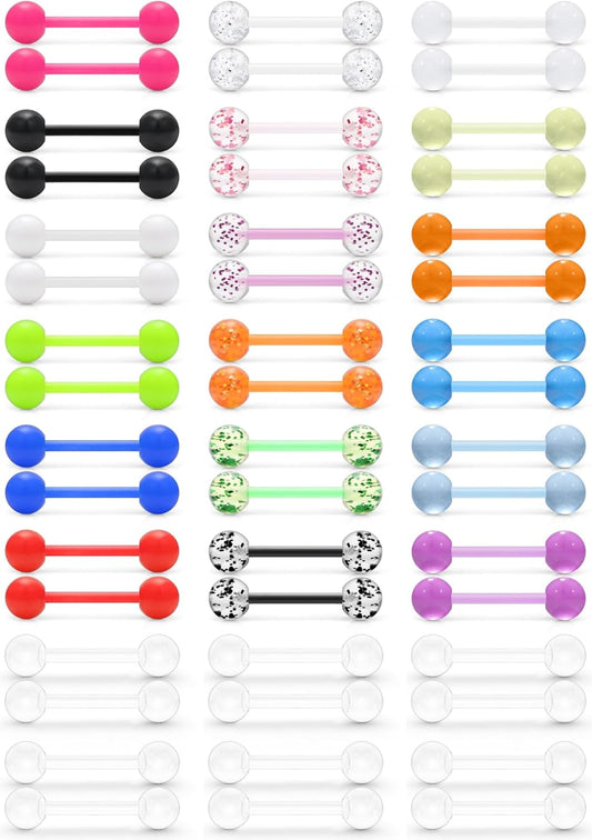 Prjndjw 48Pcs 14G 16Mm 14MM Glow in Dark Tongue Nipple Ring Plastic Flexible Acrylic Straight Barbell Body Piercing Jewelry for Women Men Tongue Nippie Piercings
