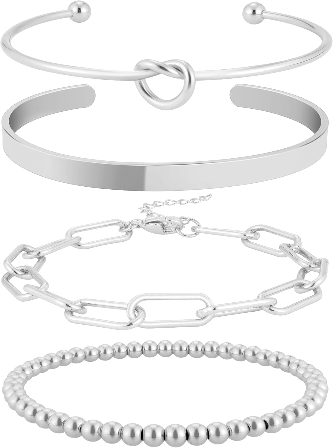 Woman wearing gold stacked bracelet set on arm