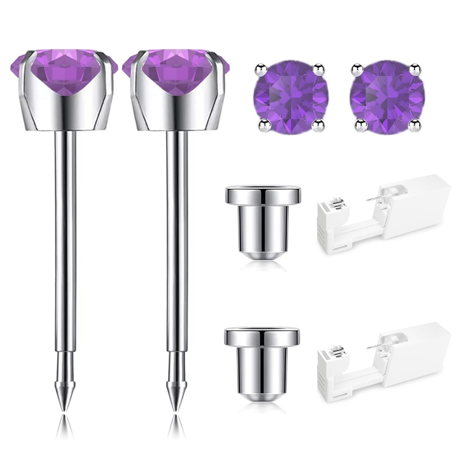 Ear Piercing Kit | Disposable Ear Piercing Gun Kit Made in 316L Surgical Stainless Steel 4Mm - 4Prong Cubic Zirconia | at Home Self Piercing Kit with Earrings Studs