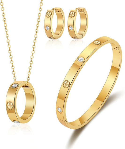 Love Bracelet Earring Necklace Set for Women 18K Gold Plated Trendy Stainless Steel Luxury Love Hoop Earring Bangle Pendant Jewelry Set