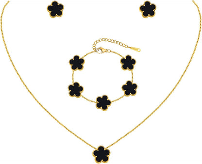 Gold Necklaces Bracelets Earring Set - 18K Gold Plated Flower Bracelet Chain,Stainless Steel Non Tarnish Floral Pendant Stud Jewelry Sets,Christmas Birthday Lucky Gift for Mom Wife Daughter Girlfriend