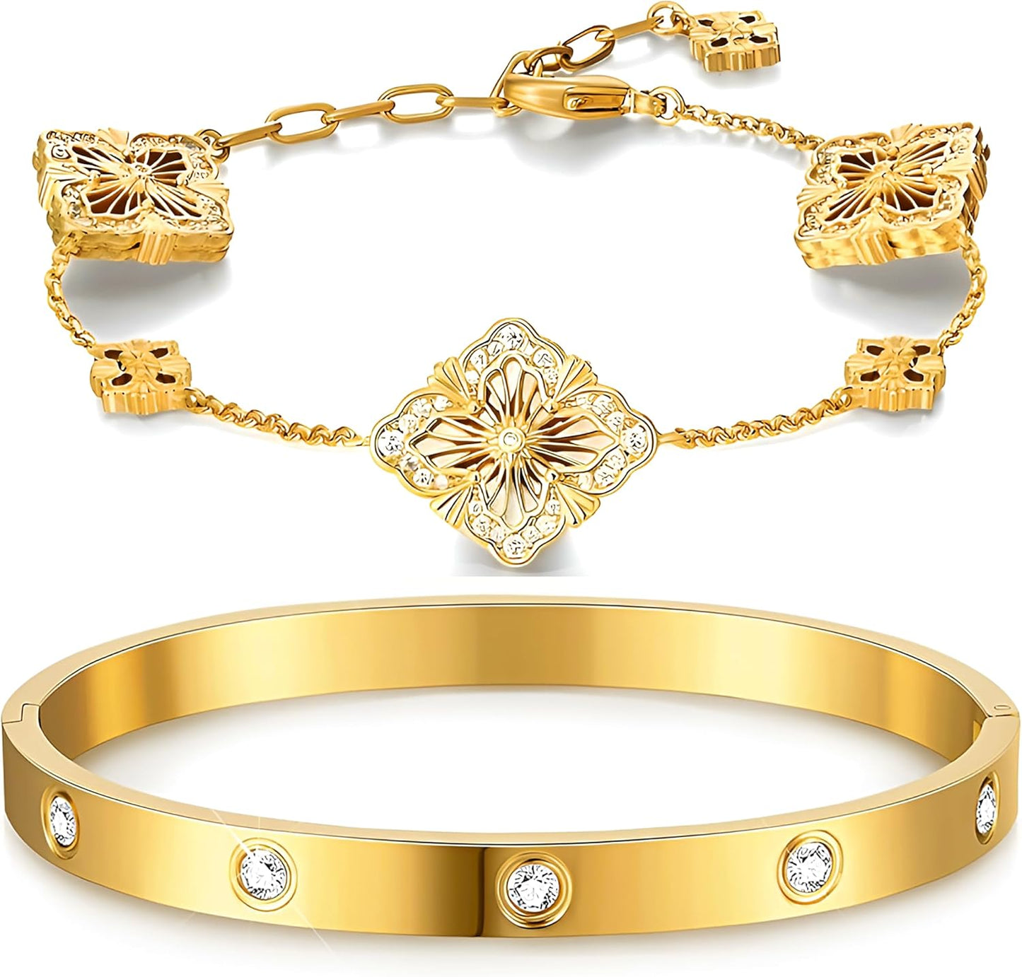 18K Gold Plated Clover Lucky Love Bangle Bracelet Set for Women, Non Tarnish Stacking Friendship Bracelet Set, Christmas Anniversary Birthday Gift