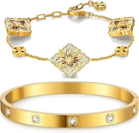 18K Gold Plated Clover Lucky Love Bangle Bracelet Set for Women, Non Tarnish Stacking Friendship Bracelet Set, Christmas Anniversary Birthday Gift