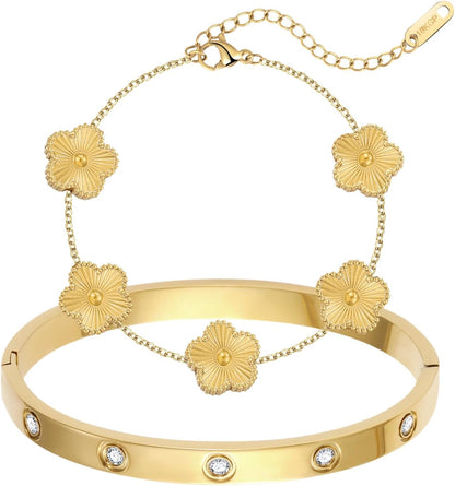 Trendy gold clover charm bracelet set perfect for women's jewelry gifts