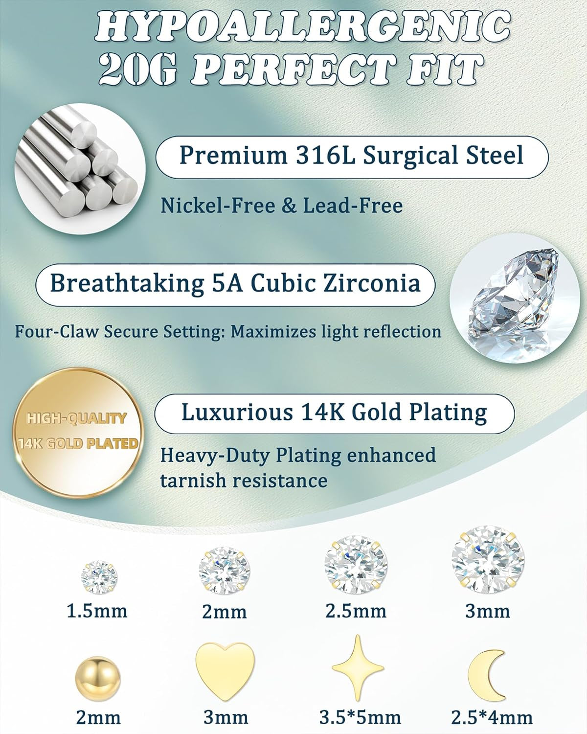 20G Nose Rings Stud for Women Surgical Steel Gold Silver Nose Ring L Shaped Corkscrew Nose Studs Hypoallergenic Small 1.5/2/2.5/3Mm CZ Cute Heart Star Moon Ball Nose Piercing Studs Jewelry Set 8Pcs