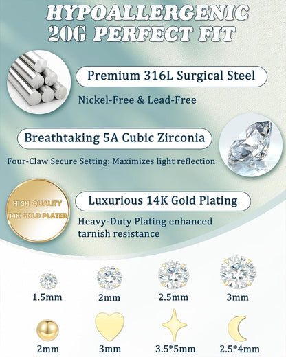 20G Nose Rings Stud for Women Surgical Steel Gold Silver Nose Ring L Shaped Corkscrew Nose Studs Hypoallergenic Small 1.5/2/2.5/3Mm CZ Cute Heart Star Moon Ball Nose Piercing Studs Jewelry Set 8Pcs