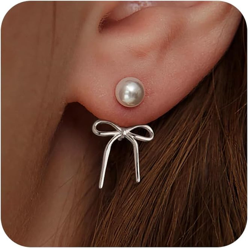 Risamil 14K Gold Plated/Silver Earrings for Women Trendy, Dainty Bow Earrings for Women Cute Pearl Huggie Earring Hoops Twist Rope Bow Stud Pearl Dangle Cubic Zirconia Earrings Jewelry Gifts