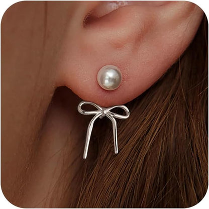 Risamil 14K Gold Plated/Silver Earrings for Women Trendy, Dainty Bow Earrings for Women Cute Pearl Huggie Earring Hoops Twist Rope Bow Stud Pearl Dangle Cubic Zirconia Earrings Jewelry Gifts