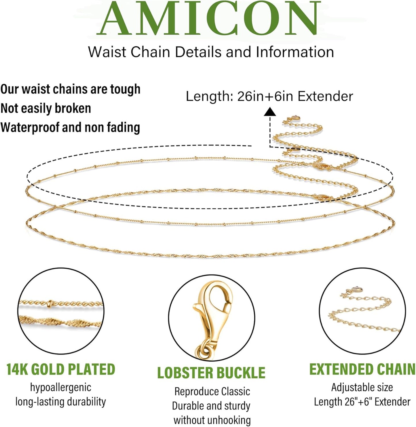 2PCS 18K Gold Plated Waist Chain Satellite Body Chain Layered Rope Waist Chains Sexy Bikini Beach Waist Chain for Women Waterproof Adjustable 26.5-33Inch