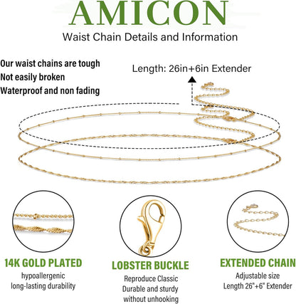 2PCS 18K Gold Plated Waist Chain Satellite Body Chain Layered Rope Waist Chains Sexy Bikini Beach Waist Chain for Women Waterproof Adjustable 26.5-33Inch