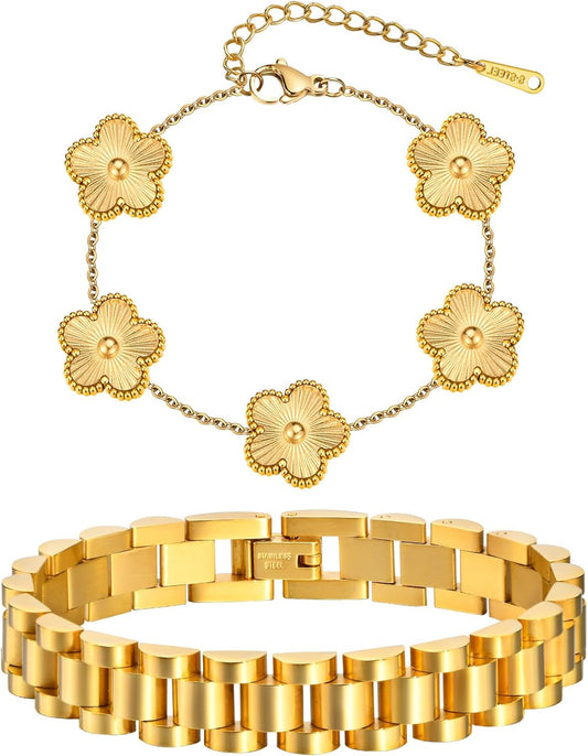 Stackable Gold Floral Bracelets Set , 2Pcs 18K Gold Plated Bracelet Non-Tarnish,Stainless Steel Link Chain Friendship Bracelet,Watch Band Trendy Jewelry,Christmas Valentines Birthday Gifts for Women