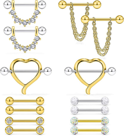 Ruifan 14G 9/16Inch Crystal Ball Nipple Tongue Shield Ring Barbell Body Piercing Jewelry Retainer 8-14PCS