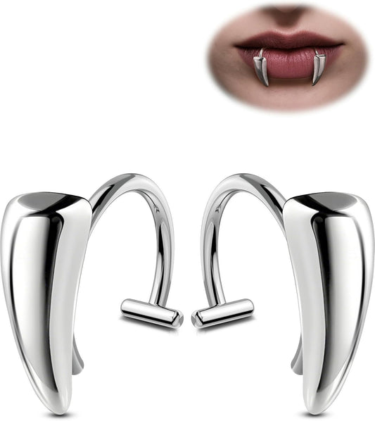 OUFER 2PCS Fake Lip Rings, Vampire Fangs Lip Cuff Piercing Jewelry Hoops, Adjustable Faux Non-Piercing Labret Piercing Jewelry for Women Men-Silver/Black