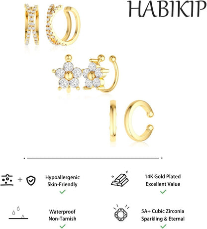 14K Gold Plated Ear Cuff Earrings for Women, Dainty Ear Cuffs Clip on Earrings Non Piercing Trendy Cubic Zirconia Cartilage Hoop Earring Fashion Jewelry Valentine'S Day Gift Sets for Women