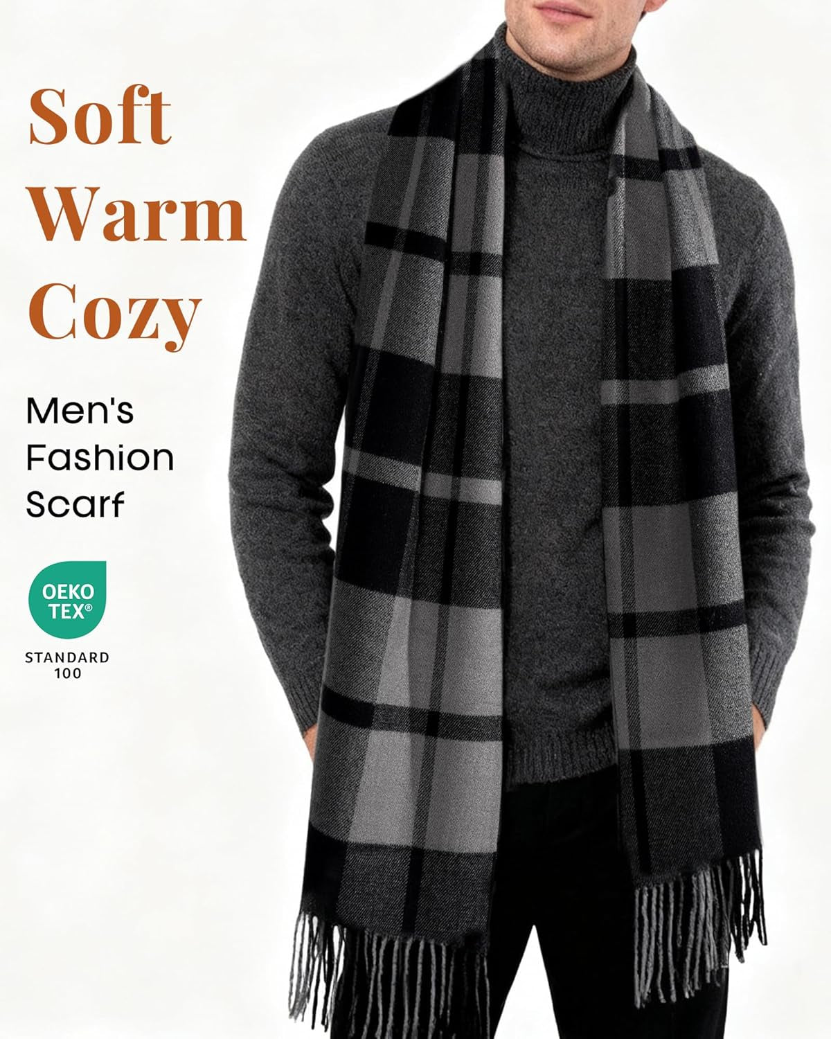 FURTALK Winter Scarf for Men Long Soft Warm Scarves Plaid Tassel Scarf for Men