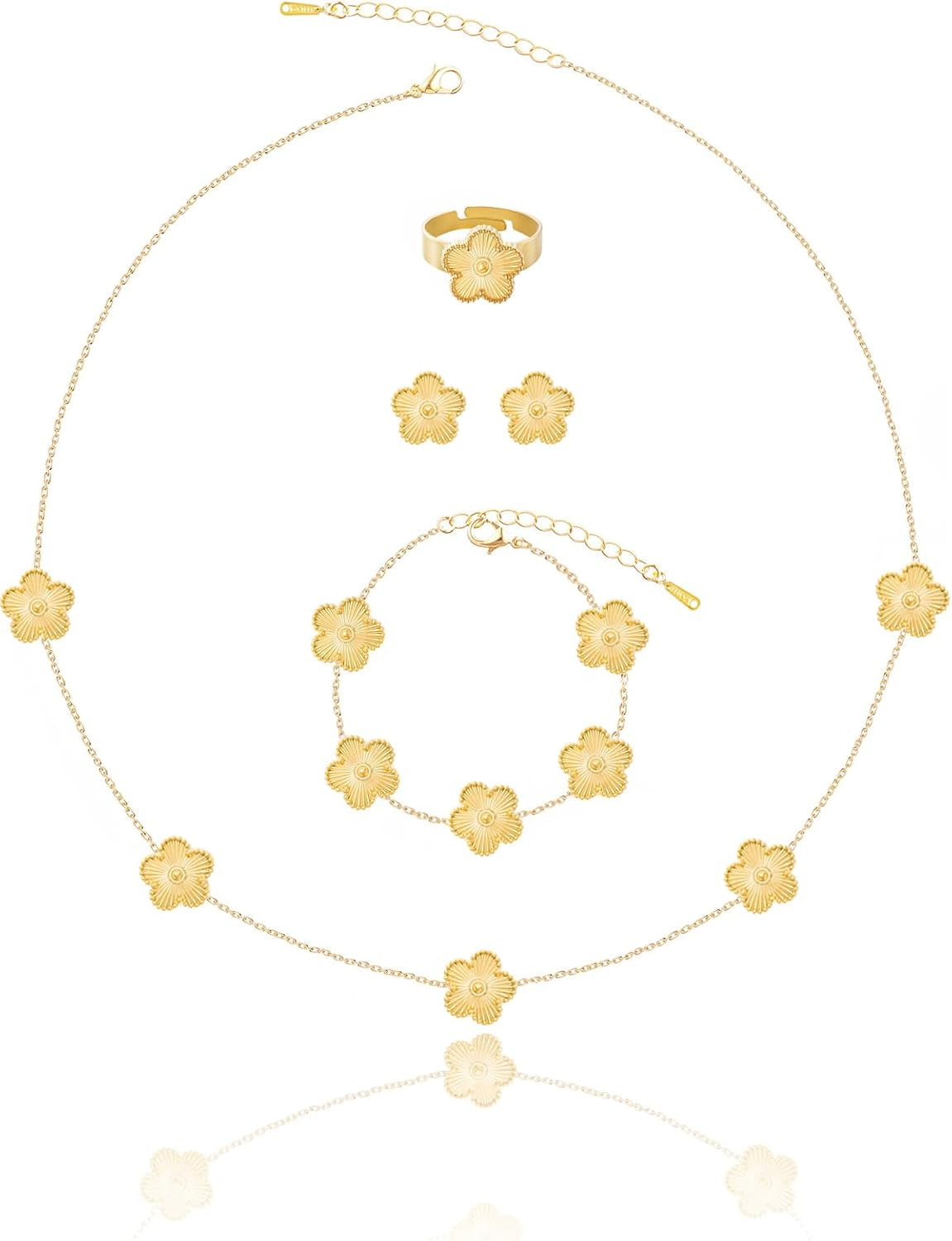 Gold Plated Five Leaf Clover Necklace Bracelet Rings and Stud Earrings Set for Women Lucky Flower Jewelry