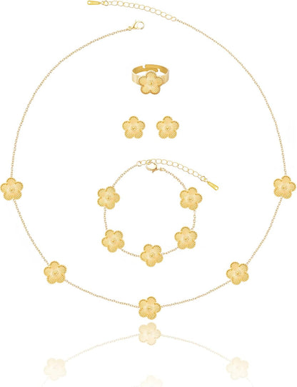 Gold Plated Five Leaf Clover Necklace Bracelet Rings and Stud Earrings Set for Women Lucky Flower Jewelry
