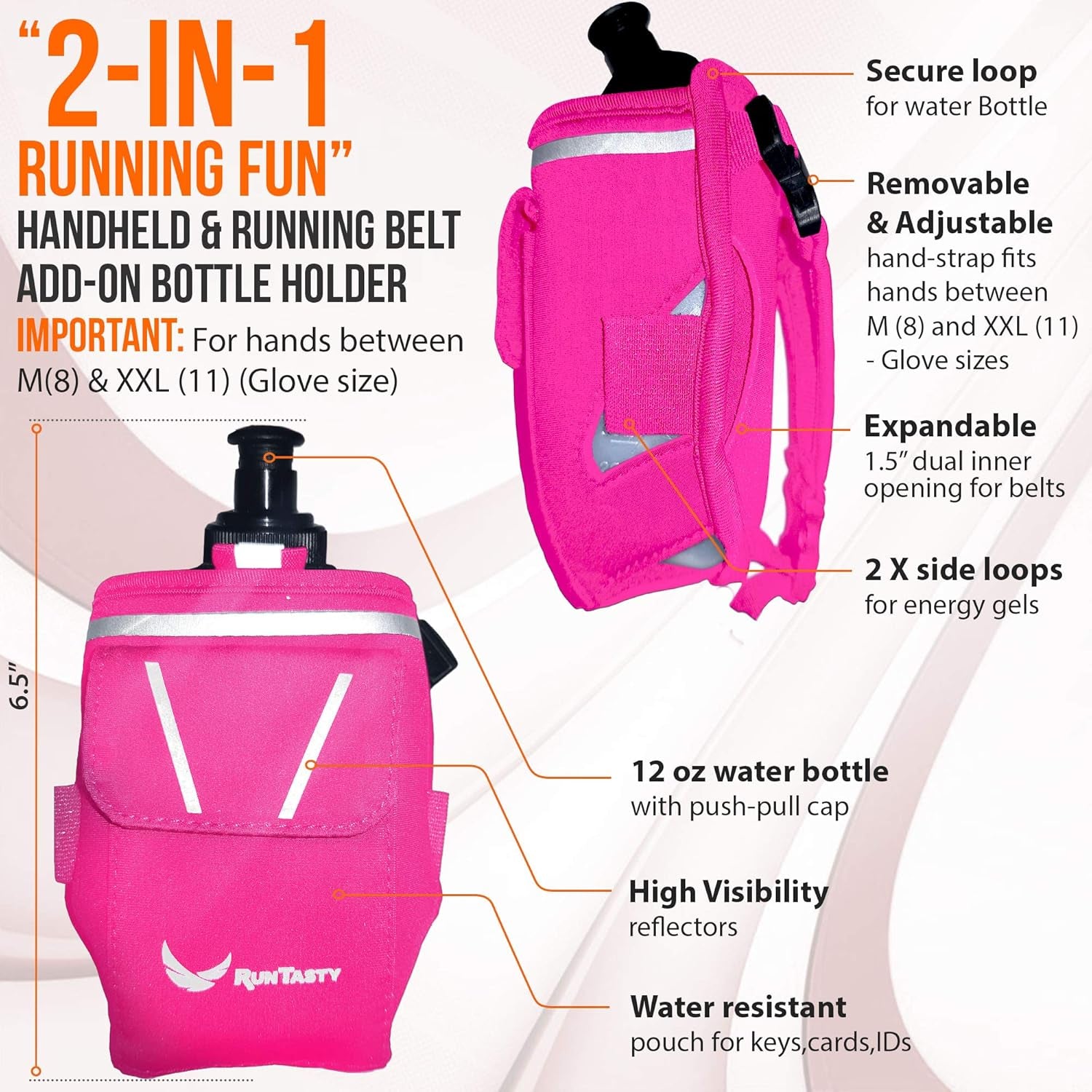 12oz water bottle carrier with mesh hand strap close-up detail