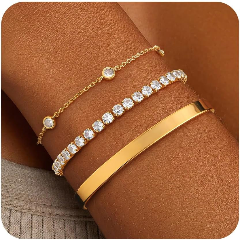 ZOERAY Silver Gold Bangle Bracelets for Women Non Tarnish 14K Gold Plated Stackable Cuff Bracelets for Women Trendy Cubic Zirconia Stainless Steel Chunky Bracelet Stack Set Waterproof Jewelry Gifts